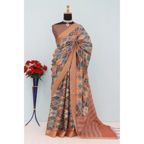 Generic Women's Mysore Silk Digital Print Saree With Unstitched Blouse 5.5Mtr (Brown) - Brown