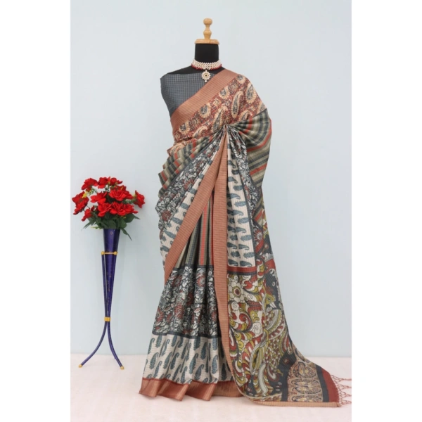 Generic Women's Mysore Silk Digital Print Saree With Unstitched Blouse 5.5Mtr (Grey) - Grey