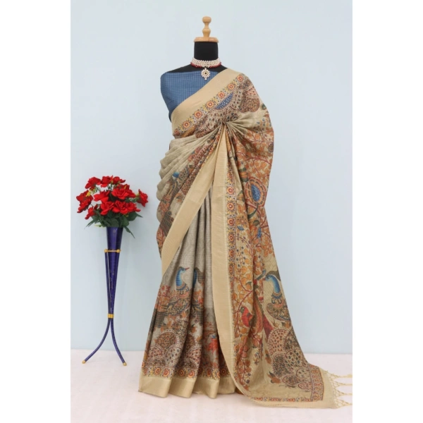 Generic Women's Mysore Silk Digital Print Saree With Unstitched Blouse 5.5Mtr (Beige) - Beige