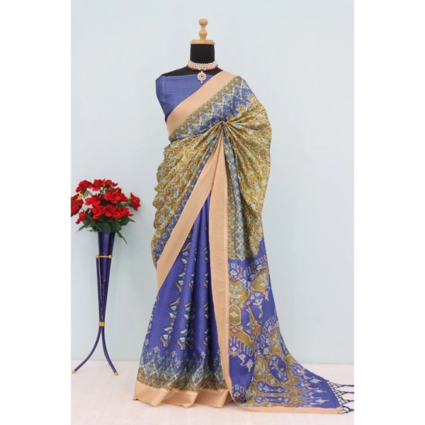 Generic Women's Mysore Silk Digital Print Saree With Unstitched Blouse 5.5Mtr (Blue) - Blue