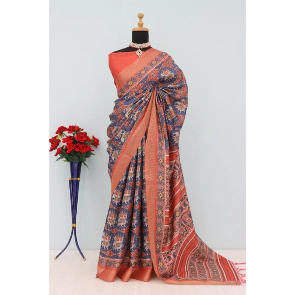 Generic Women's Mysore Silk Digital Print Saree With Unstitched Blouse 5.5Mtr (Blue) - Blue
