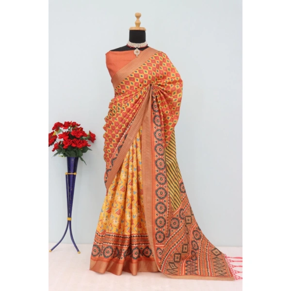 Generic Women's Mysore Silk Digital Print Saree With Unstitched Blouse 5.5Mtr (Orange) - Orange