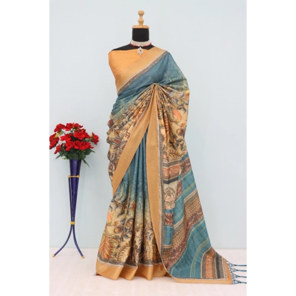 Generic Women's Mysore Silk Digital Print Saree With Unstitched Blouse 5.5Mtr (Blue) - Blue
