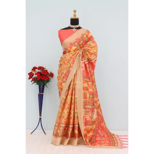 Generic Women's Mysore Silk Digital Print Saree With Unstitched Blouse 5.5Mtr (Orange) - Orange