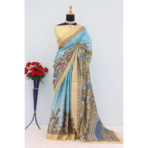 Generic Women's Mysore Silk Digital Print Saree With Unstitched Blouse 5.5Mtr (Sky Blue) - Sky Blue