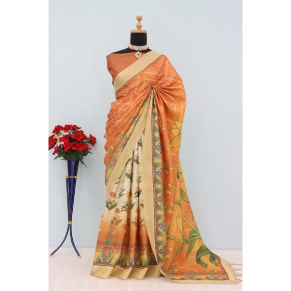 Generic Women's Mysore Silk Digital Print Saree With Unstitched Blouse 5.5Mtr (Mustard) - Mustard