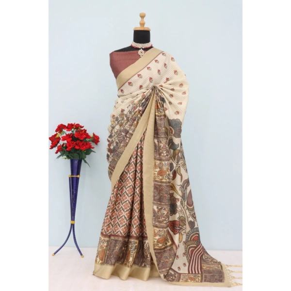 Generic Women's Mysore Silk Digital Print Saree With Unstitched Blouse 5.5Mtr (Beige) - Beige