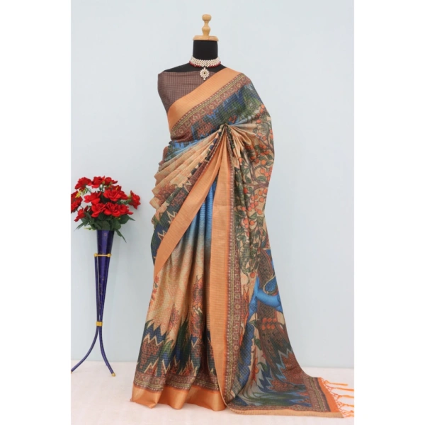 Generic Women's Mysore Silk Digital Print Saree With Unstitched Blouse 5.5Mtr (Multicolor) - Multicolor