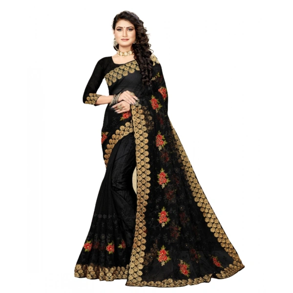 Women's Net Saree With Blouse (Black, 5-6Mtrs) - Black