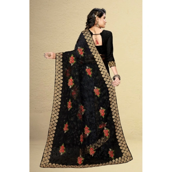 Women's Net Saree With Blouse (Black, 5-6Mtrs) - Black