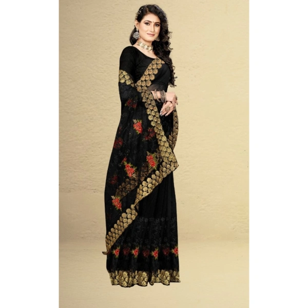 Women's Net Saree With Blouse (Black, 5-6Mtrs) - Black