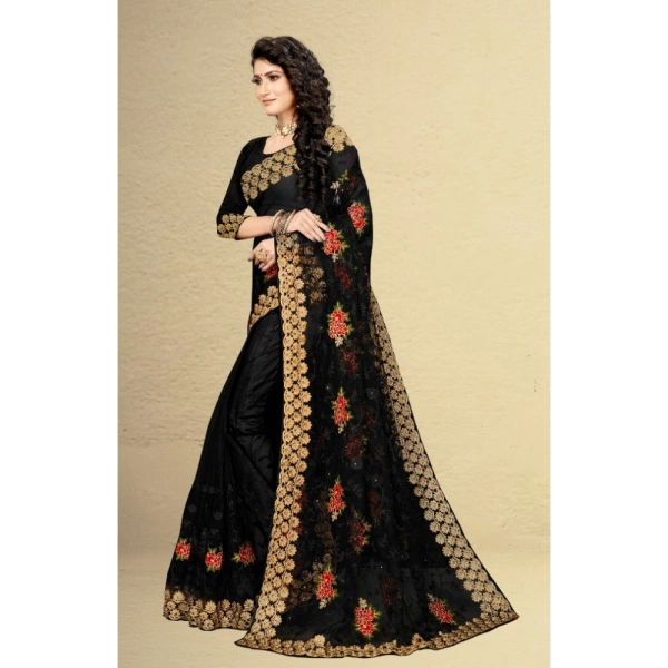 Women's Net Saree With Blouse (Black, 5-6Mtrs) - Black
