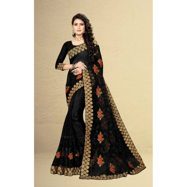 Women's Net Saree With Blouse (Black, 5-6Mtrs) - Black