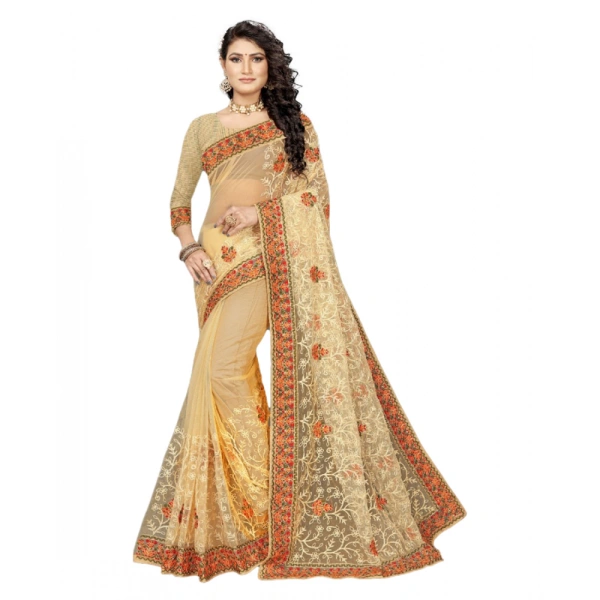 Women's Net Saree With Blouse (Chiku, 5-6Mtrs) - Chiku