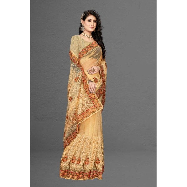 Women's Net Saree With Blouse (Chiku, 5-6Mtrs) - Chiku
