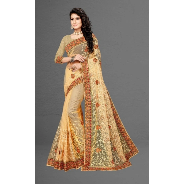 Women's Net Saree With Blouse (Chiku, 5-6Mtrs) - Chiku