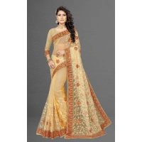 Women's Net Saree With Blouse (Chiku, 5-6Mtrs) - Chiku