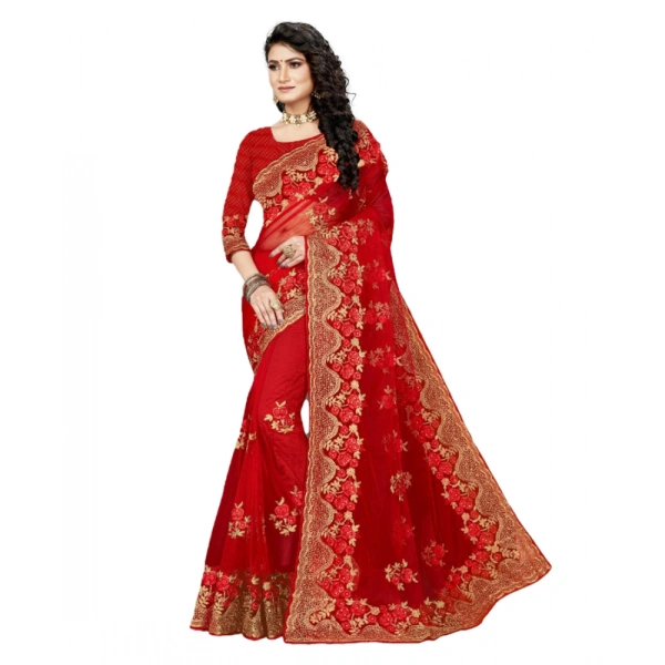 Women's Net Saree With Blouse (Red, 5-6Mtrs) - Red