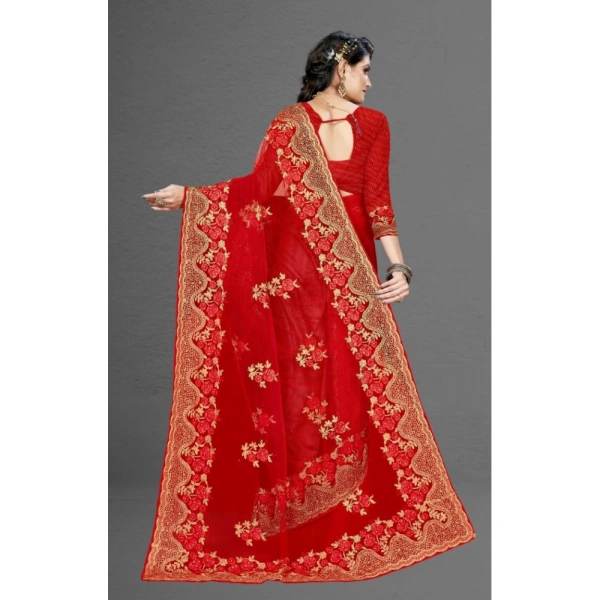 Women's Net Saree With Blouse (Red, 5-6Mtrs) - Red