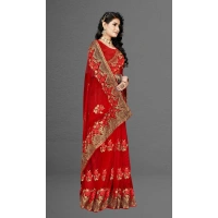 Women's Net Saree With Blouse (Red, 5-6Mtrs) - Red