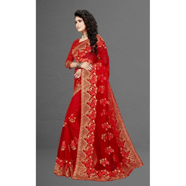 Women's Net Saree With Blouse (Red, 5-6Mtrs) - Red