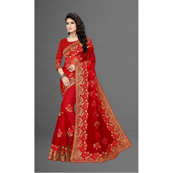 Women's Net Saree With Blouse (Red, 5-6Mtrs) - Red