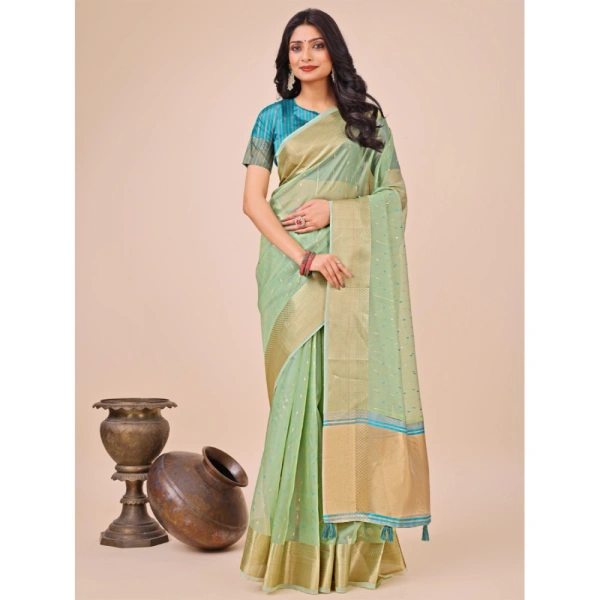 Generic Women's Organza Printed Saree With Unstitched Blouse 5.5Mtr (Green) - Green