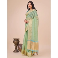 Generic Women's Organza Printed Saree With Unstitched Blouse 5.5Mtr (Green) - Green