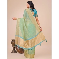 Generic Women's Organza Printed Saree With Unstitched Blouse 5.5Mtr (Green) - Green
