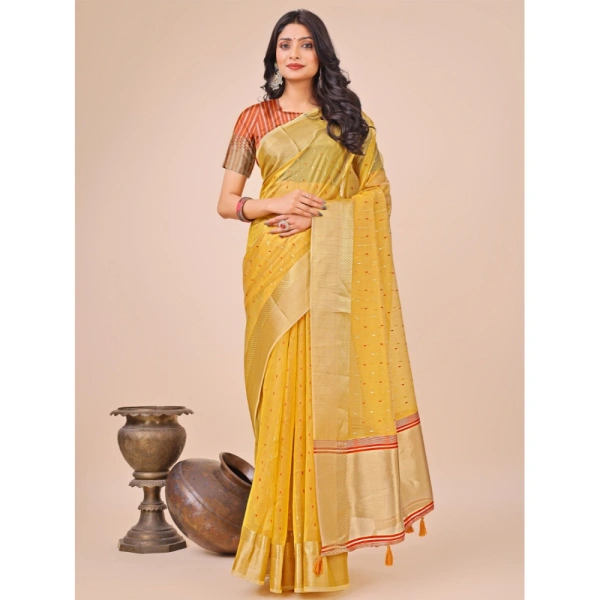 Generic Women's Organza Printed Saree With Unstitched Blouse 5.5Mtr (Yellow) - Yellow