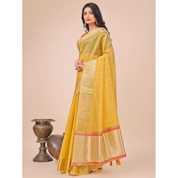 Generic Women's Organza Printed Saree With Unstitched Blouse 5.5Mtr (Yellow) - Yellow