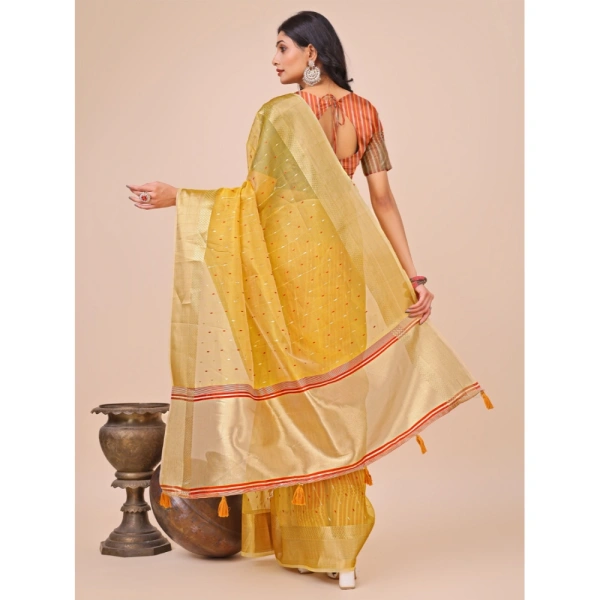 Generic Women's Organza Printed Saree With Unstitched Blouse 5.5Mtr (Yellow) - Yellow