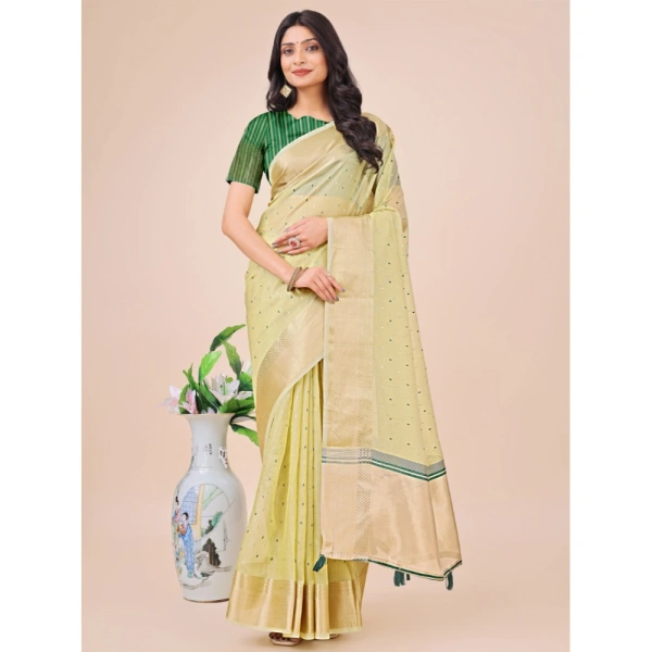 Generic Women's Organza Printed Saree With Unstitched Blouse 5.5Mtr (Light Green) - Light Green