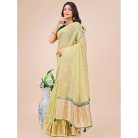Generic Women's Organza Printed Saree With Unstitched Blouse 5.5Mtr (Light Green) - Light Green
