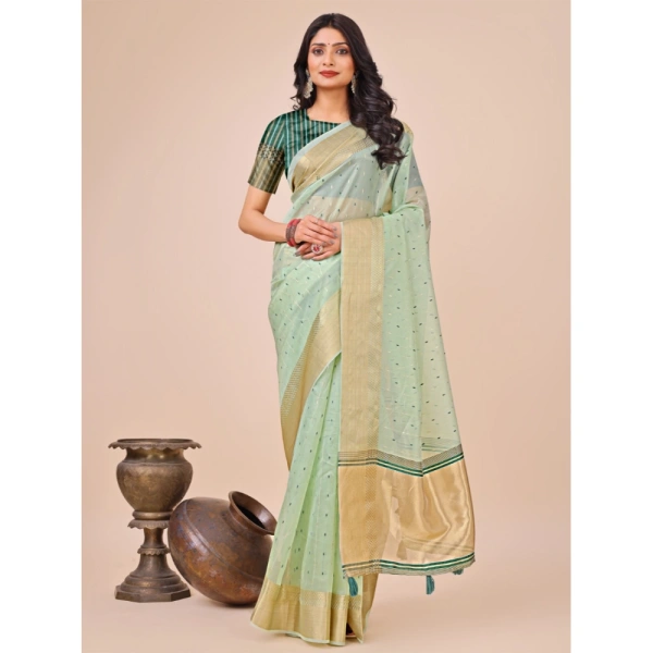 Generic Women's Organza Printed Saree With Unstitched Blouse 5.5Mtr (Olive Green) - Olive Green