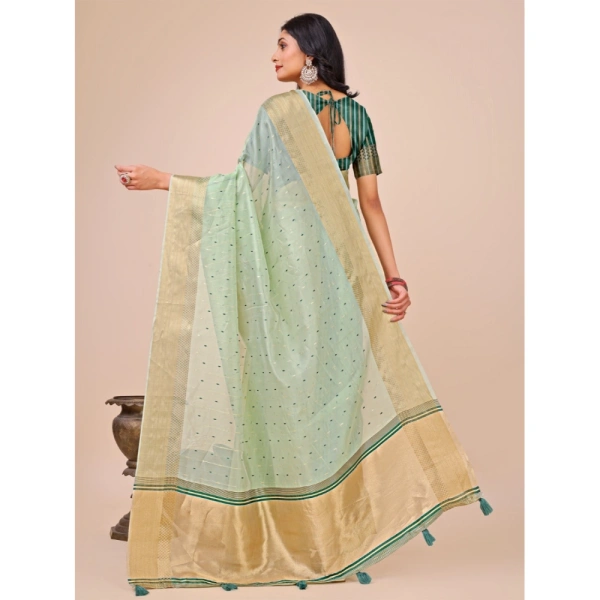 Generic Women's Organza Printed Saree With Unstitched Blouse 5.5Mtr (Olive Green) - Olive Green