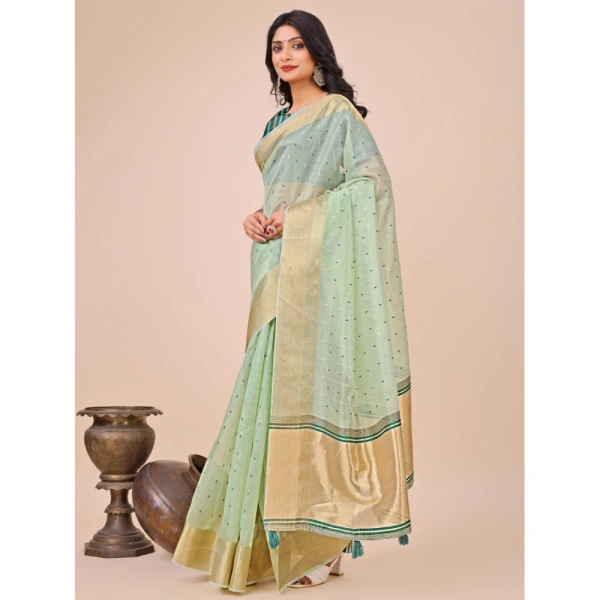 Generic Women's Organza Printed Saree With Unstitched Blouse 5.5Mtr (Olive Green) - Olive Green