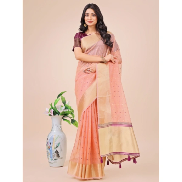 Generic Women's Organza Printed Saree With Unstitched Blouse 5.5Mtr (Light Pink) - Light Pink