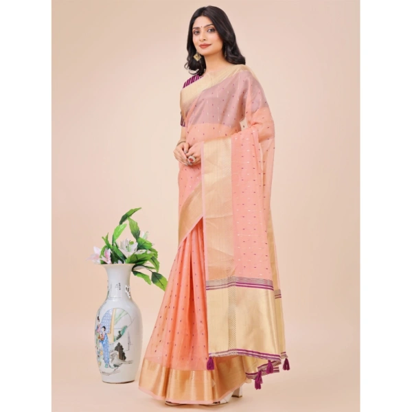 Generic Women's Organza Printed Saree With Unstitched Blouse 5.5Mtr (Light Pink) - Light Pink