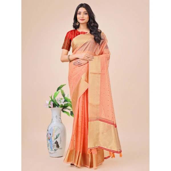 Generic Women's Organza Printed Saree With Unstitched Blouse 5.5Mtr (Peach) - Peach