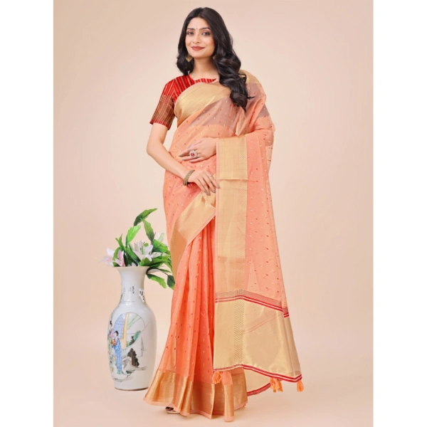 Generic Women's Organza Printed Saree With Unstitched Blouse 5.5Mtr (Peach) - Peach