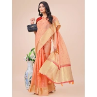 Generic Women's Organza Printed Saree With Unstitched Blouse 5.5Mtr (Peach) - Peach