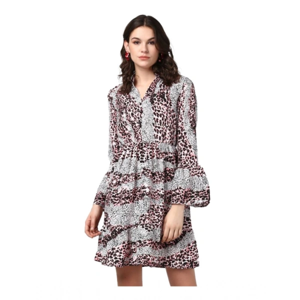 Women's Polyester Animal Print Bell Sleeve Above Knee Dress (Pink - Black) - S
