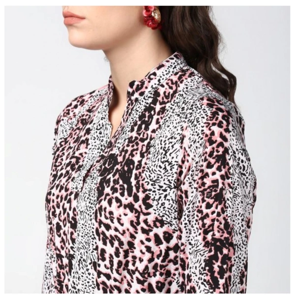 Women's Polyester Animal Print Bell Sleeve Above Knee Dress (Pink - Black) - S
