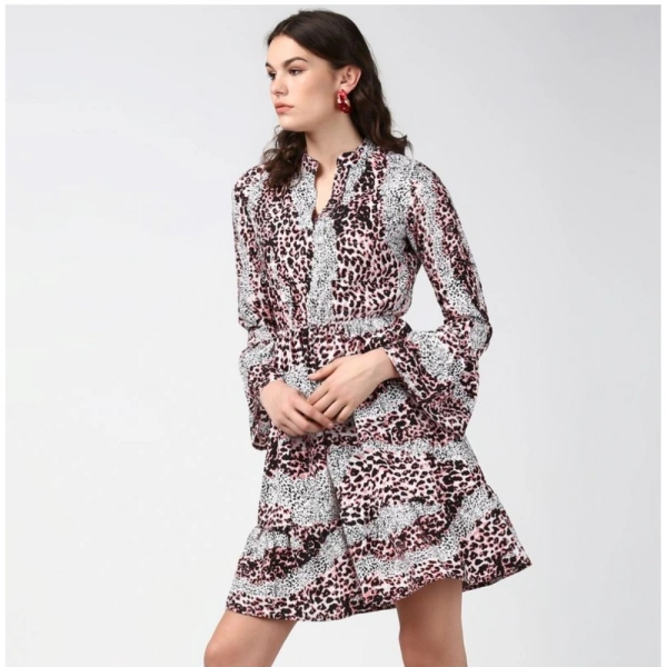 Women's Polyester Animal Print Bell Sleeve Above Knee Dress (Pink - Black) - S