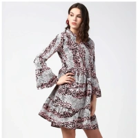 Women's Polyester Animal Print Bell Sleeve Above Knee Dress (Pink - Black) - S
