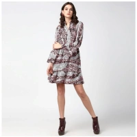 Women's Polyester Animal Print Bell Sleeve Above Knee Dress (Pink - Black) - S