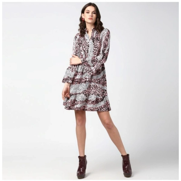 Women's Polyester Animal Print Bell Sleeve Above Knee Dress (Pink - Black) - S