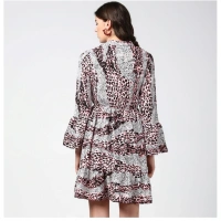 Women's Polyester Animal Print Bell Sleeve Above Knee Dress (Pink - Black) - S