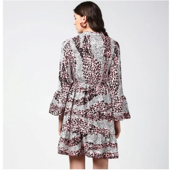 Women's Polyester Animal Print Bell Sleeve Above Knee Dress (Pink - Black) - S